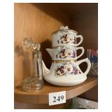 STACKING 3 SECTION TEA POT W/ PANSY FLOWER,