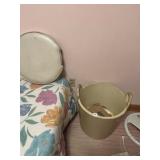 WOOD BARREL OTTOMAN W/ VINYL SEAT