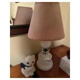 MILK GLASS LAMP, CAST IRON CAT BANK