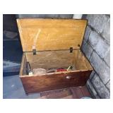 TOY CHEST W/ PULL TOY, HATS, ETC.