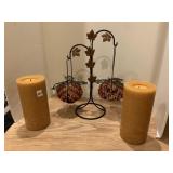 METAL PUMPKIN CANDLE HOLDER AND 2 CANDLES
