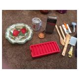 TRAVEL MUG, STRAWBERRY BOWL, WOOD SPOONS, GRATER,