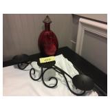 RED DECANTER AND IRON 3 BALL CANDLE HOLDER