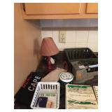 COOKBOOKS, BASKET, PEPPER GRINDER, SM. LAMP, ETC.