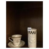 LENOX ROSE OPEN WEAVE DESIGN VASE 6", CUP & SAUCE