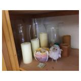 HURRICANE GLOBES WITH CANDLES, FLOWER DISHES,