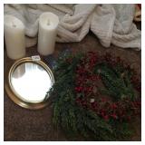 OVAL MIRROR, BATTERY OP CANDLES, WREATHS