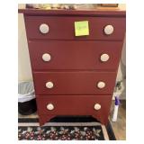 4 DRAWER RED CHEST W/ WHITE KNOBS 36" H X 24.5" W