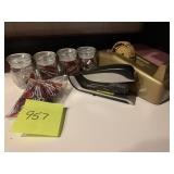 WEIGHTED TAPE DISPENSER, OFFICE SUPPLIES IN JARS,