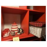WICKER BASKET W/ LINER, RED/WHITE JAR, BUNNY,