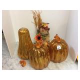 3 GLASS LIGHTED PUMPKINS, ONE STEM NEEDS TO BE