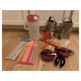 PLASTIC PITCHER, GRATER, TRIVETS, STRAWS, ETC.