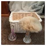 WICKER BASKET, PERFUME BOTTLE, DUSTER ETC.