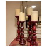 4 WOOD CANDLE STICKS W/ CANDLES