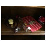 GLASS CANDY DISH, CANDLE, OIL BOTTLE ETC.