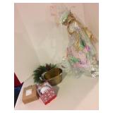 GLASS CHRISTMAS TREE, SNOWMAN, LIGHTED CHURCH