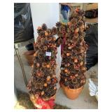 2 PINECONE TOPIARIES, ONE WITH CRACKED POT