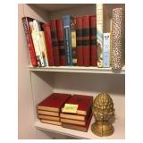 ASSORTED BOOKS AND PINECONE BOOK ENDS