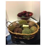 BASKET AND FOOTED DISH FILLED WITH DECORATIVE