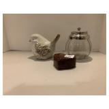 RHINESTONE TOP JAR, HEART PUZZLE BOX GLAZED BIRD