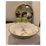 MAXCERA BUNNY BOWL, 8 PIER ONE DISHES, AND BUNNY