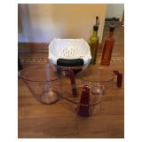 VINEGAR OIL BOTTLE, STRAINER, MEASURING CUPS