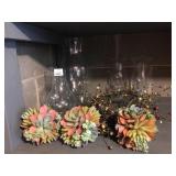 GLASS HURRICANE COVERS, FAUX SUCCULENTS, CANDLE