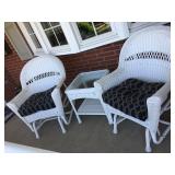 FAUX WICKER 2 ROCKER CHAIRS WITH CUSHIONS AND