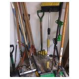 ASSORTED TOOLS SHOVELS, RAKES, BROOMS, ETC.