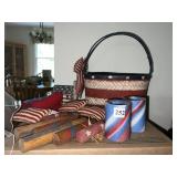 RED, WHITE BLUE BASKETS, HAND TOWELS, CANDLES,