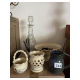 SIGNED POTTERY RUFFLED EDGE BOWL, MINI BASKET,