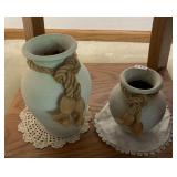 2 POTTERY VASES, ROPE DÉCOR, 7.5, 9.5" AND 2