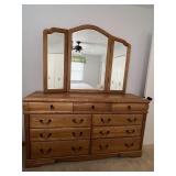 OAK DRESSER 9 DRAWER W/ BEVELED MIRROR 67" W X