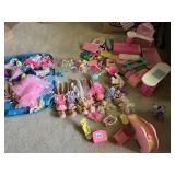 GROUP OF BARBIES, CLOTHES, BARBIE FRIDGE, BAG OF