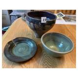 HAND THROWN VASE SIGNED LARSON, DIP BOWL AND