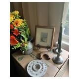 PEWTER CANDLE STICKS, METAL PITCHER