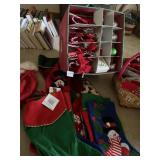 CHRISTMAS ORNAMENTS IN ORGANIZER, STOCKINGS, ETC.