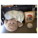 LARGE STUFFED HIPPO, FRAMED PICTURE, ETC.