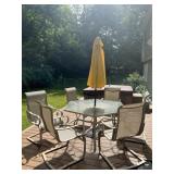 54" OCTAGONAL PATIO TABLE, 6 CHAIRS AND UMBRELLA,