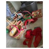 ASSORTED CHRISTMAS BOWS, BASKETS AND TINS