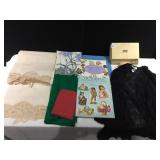 SZ L LACE SHIRT, HAND EMBROIDERED TABLECLOTHS,