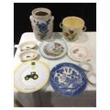 POTTERY JUG WITH CHIP IN MOUTH, BLUE FLOW PLATE,