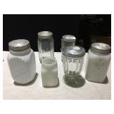 ASSORTED SHAKERS, CLEAR GLASS AND MILK GLASS
