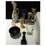 BLACK GLASS VASE AND FOOTED BOWL, PURPLE GLASS