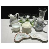 CHINA PITCHERS, TRINKET BOX, GREEN GLASS STEMED