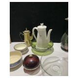 BRASS TEA POT, POTTERY BOWLS ETC.