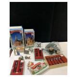 HOLIDAY BRASS HORN, HOUSES, FIGURES, ETC.