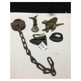 BRASS DINOSAUR, LOCK, MINI IRON, PEWTER BELL