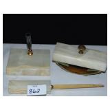 ALABASTER DESK SET INCLUDING PEN HOLDER, MAIL