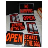 METAL NO DUMPING SIGNS, PLASTIC STORE HOURS 2,